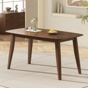 Walnut Wood Dining Table – Mid-Century Modern Rectangular Rubberwood Table, 59” x 35” x 30”