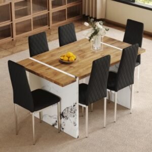 Natural Wood Grain Dining Table Set – 55x31.5” with 6 Modern Chairs