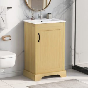 20” Bathroom Vanity with Sink – Natural Wood Cabinet with Soft-Close Doors & Adjustable Shelves