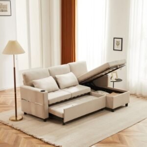 L-Shaped Sofa Bed – 3-Seater Convertible Sectional with Storage, Pull-Out Settee (Beige)
