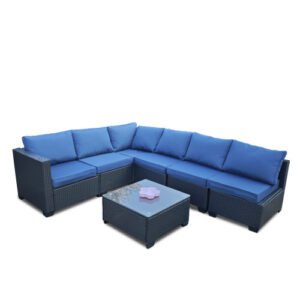 7-Piece Outdoor Rattan Sofa Set – Black PE Rattan with Blue Cushions
