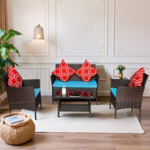 Four-Piece Sofa Set Table With Sofa Chair PE Rattan Outdoor Furniture W3152P269436 Box1 With Sapphire Blue Color Cushion