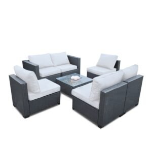 7-Piece Outdoor Rattan Sofa Set with White Cushions – Luxury Garden & Patio Furniture