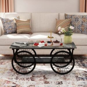 Modern Black Rectangular Coffee Table – Wood & Metal End/Side Table for Living Room