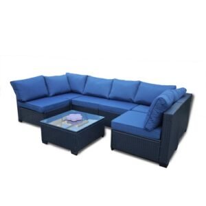 7-Piece Outdoor Rattan Sofa Set – Black PE Rattan with Blue Cushions