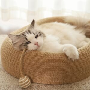 Large Sisal Cat Scratching Bed – One-Piece Durable Cat Basin with Ball Toy, Concave Design for Scratching & Sleeping