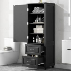 Tall Bathroom Storage Cabinet – Black (MDF with Painted Finish)
