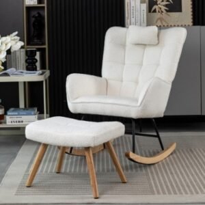 White Rocking Chair – Recliner Lounger with Cushion & Neck Pillow for Living Room or Bedroom