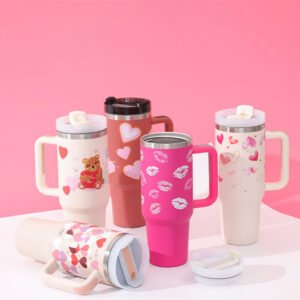 40 Oz Insulated Tumbler with Handle & Straw – Stainless Steel Vacuum Coffee Cup with Spill-Proof Lid, Tapered Travel Mug for Car, Office, Gym & Valentine’s Gift