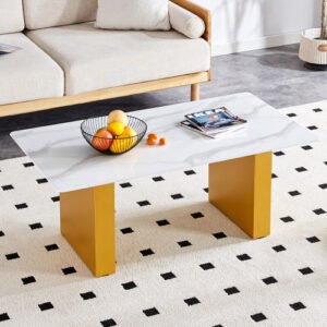 Modern Minimalist Tempered Glass Coffee & Dining Table with Gold MDF Columns – CT-1546, Desktop, Computer & Game Table