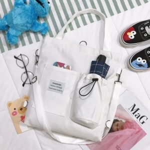 Harajuku Canvas Backpack Preppy School Bag with Pockets for Women & Students